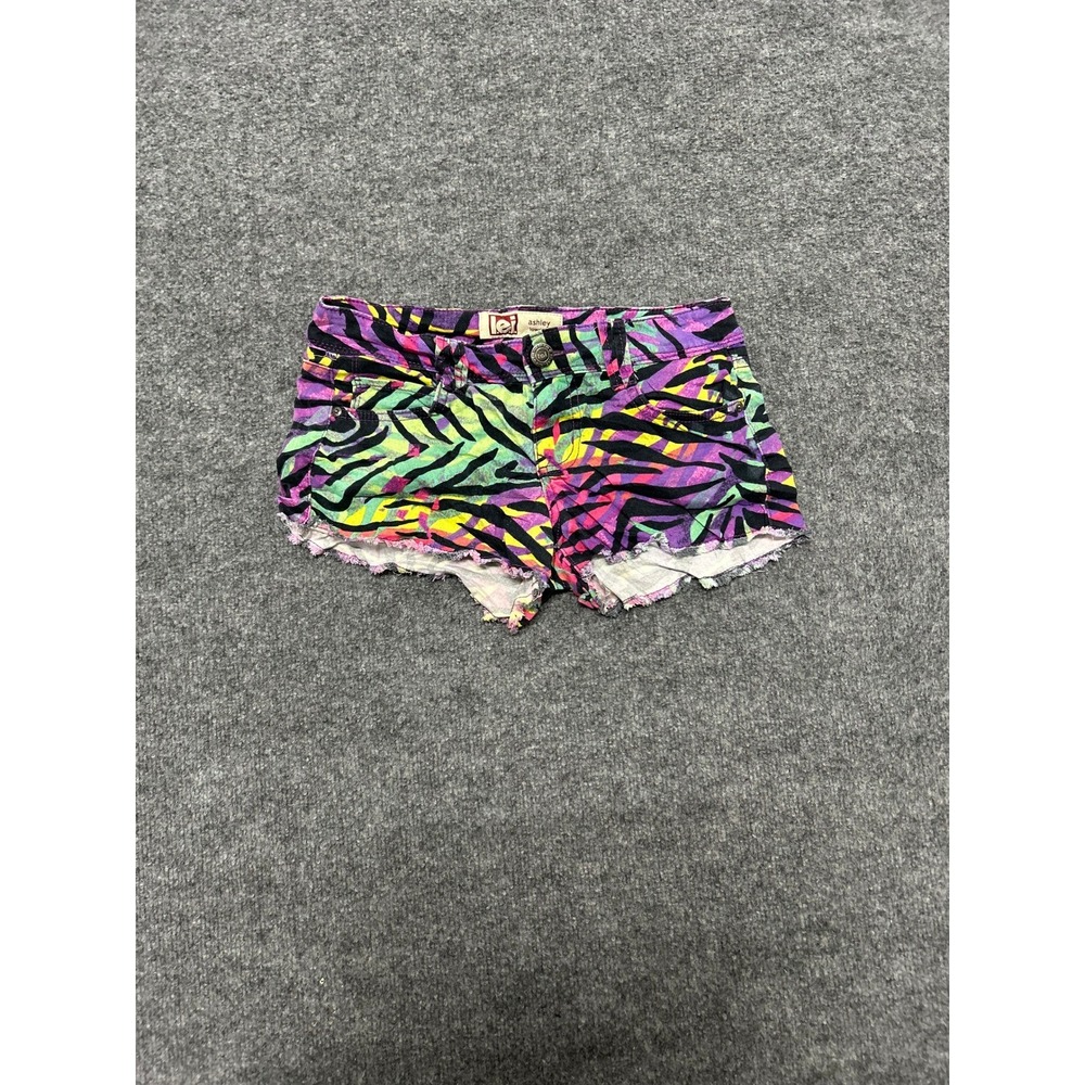 L.E.I. Shorts Womens Size 3 Neon Zebra Print Multicolor Low Rise Raw Hem Cut Off